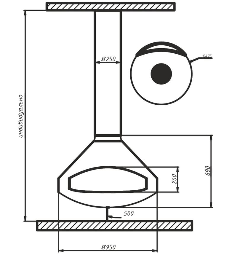 Камин дровяной центральный подвесной AVES 8 Модель ПАЛЕРМО Фиксированный