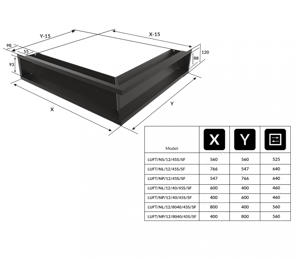 Решётка Kratki Luft 560х560х120 45S угловая черная