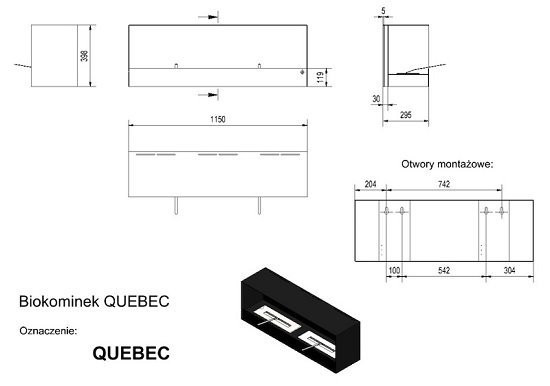 Биокамин Kratki QUEBEC (1150x398), TUV