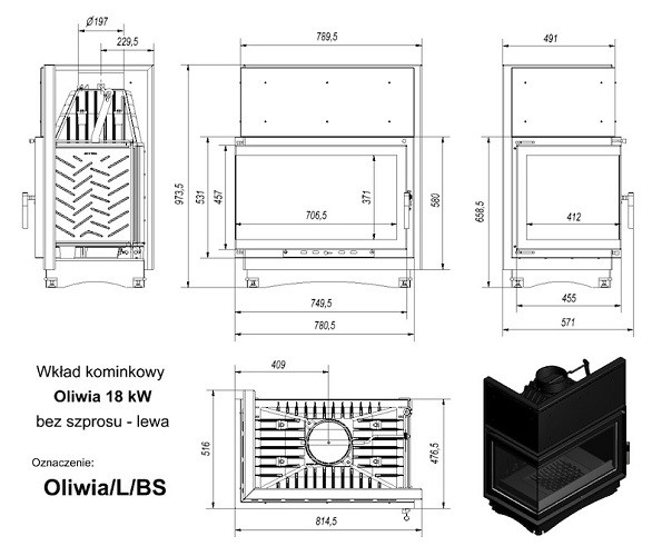 Топка OLIWIA/L/BS, Г-образное стекло слева