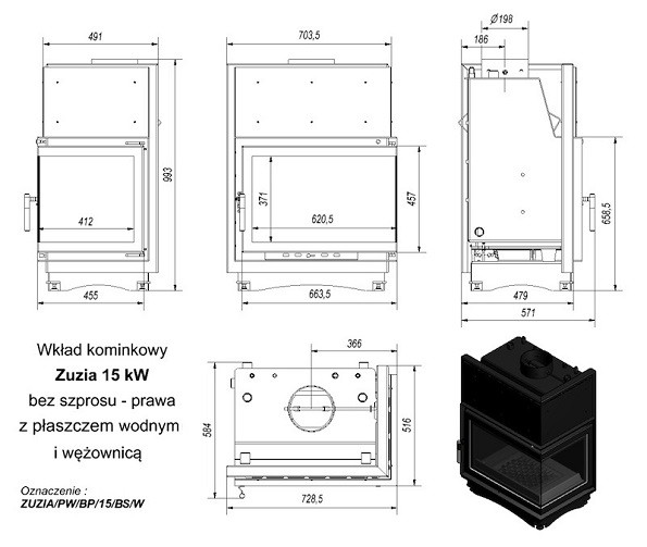 Топка с водяным контуром ZUZIA/PW/BP/15/BS/W, Г-образное стекло справа, змеевик