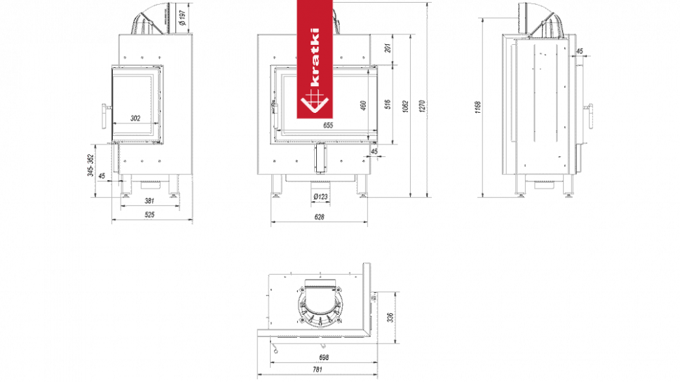 Топка Kratki Pro LUCY/12/P/BS, Г-образное стекло справа