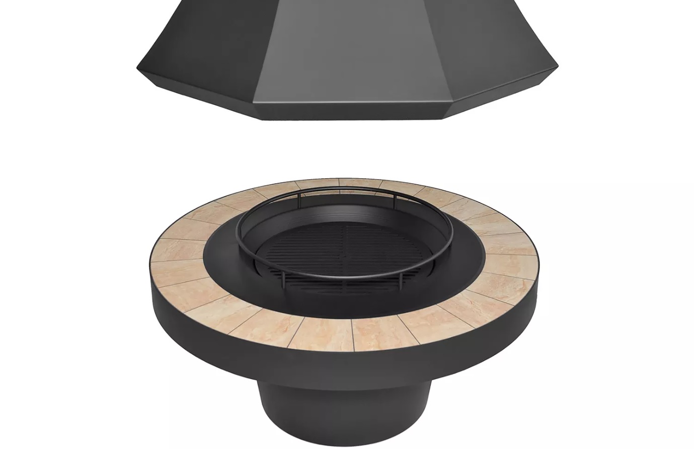 Современный островной камин на дровах для дома и дачи Russia Grill Модель LOFT - 13 с сеткой плитка чёрная