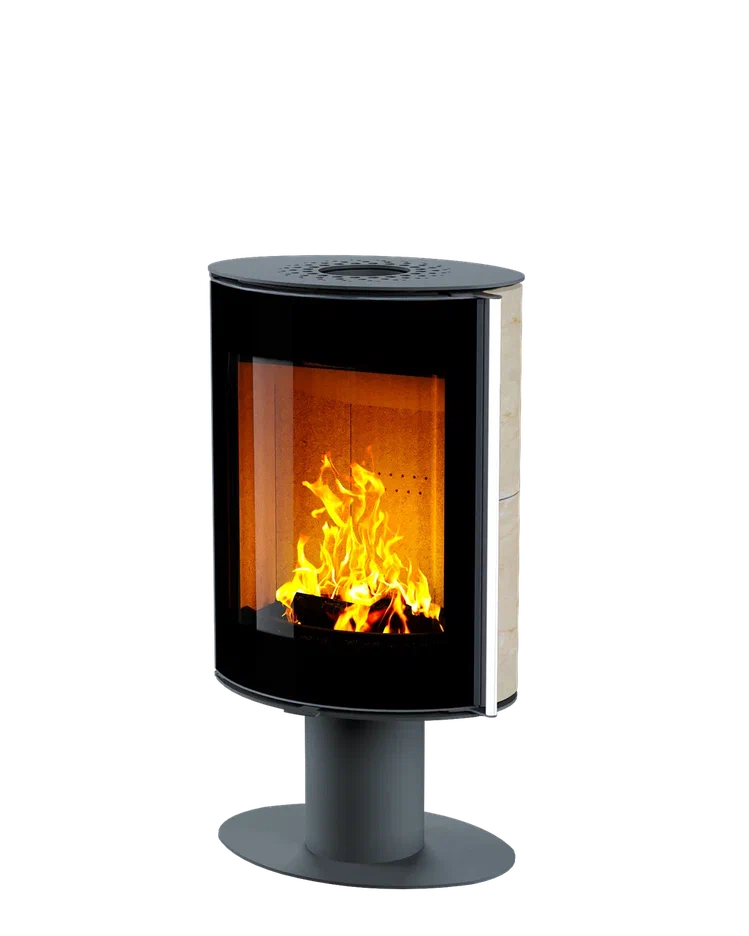 Печь-камин Astov OVAL боковая отделка камень крема беж, крышка сталь, ножка сталь, дверка стекло