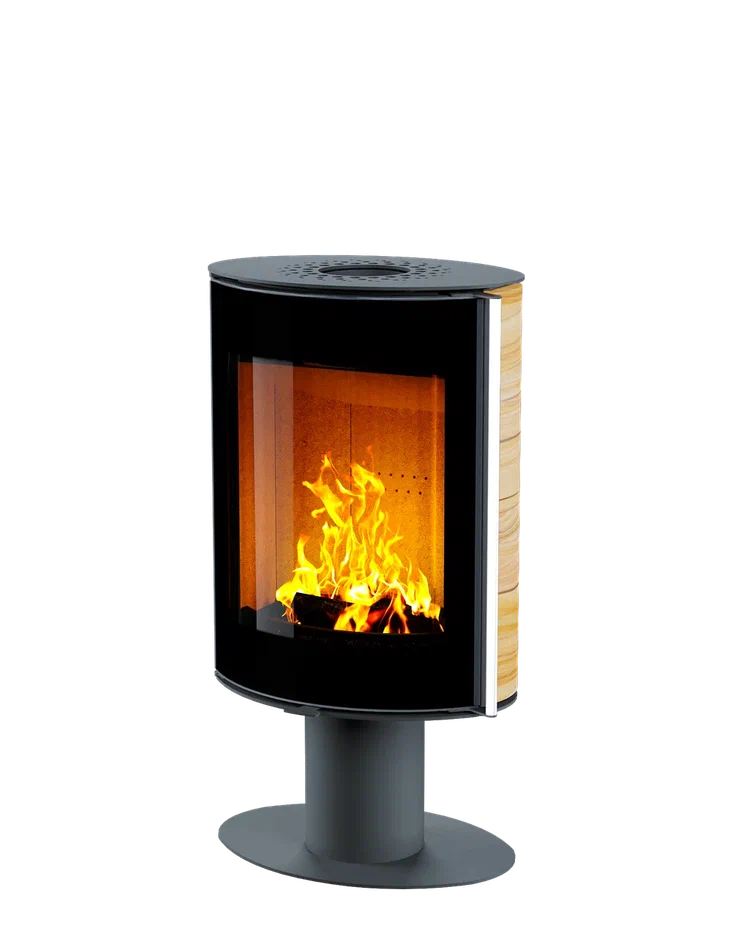 Печь-камин Astov OVAL боковая отделка камень песчаник, крышка сталь, ножка сталь, дверка стекло