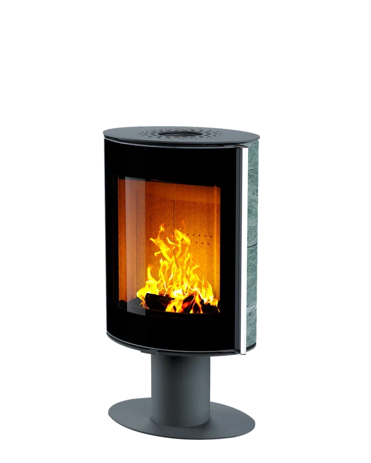 Печь-камин Astov OVAL боковая отделка камень талькомагнезит, крышка сталь, ножка сталь, дверка стекло