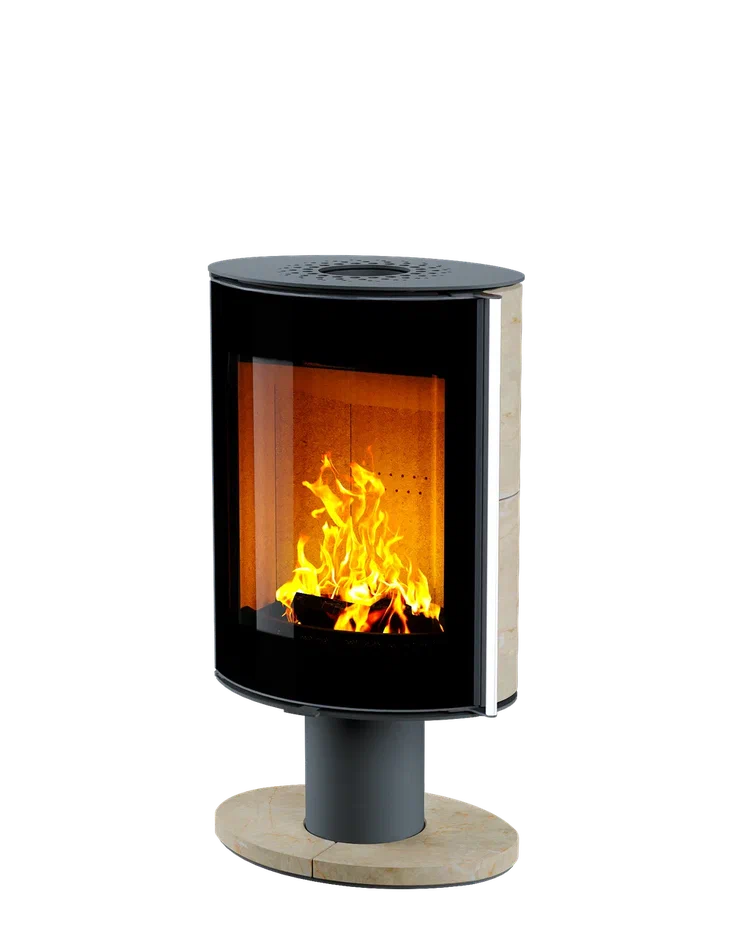 Печь-камин Astov OVAL боковая камень крема беж, крышка сталь, ножка камень крема беж, дверка стекло