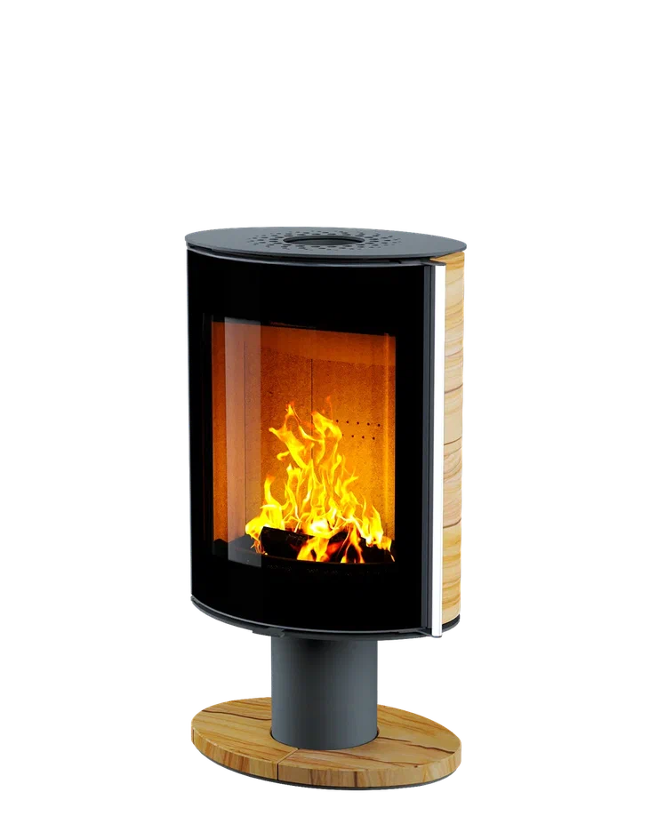 Печь-камин Astov OVAL боковая камень песчаник, крышка сталь, ножка камень песчаник, дверка стекло