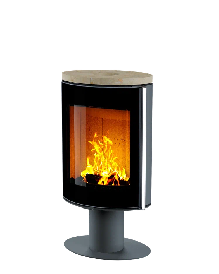 Печь-камин Astov OVAL боковая отделка сталь, крышка камень крема беж, ножка сталь, дверка стекло