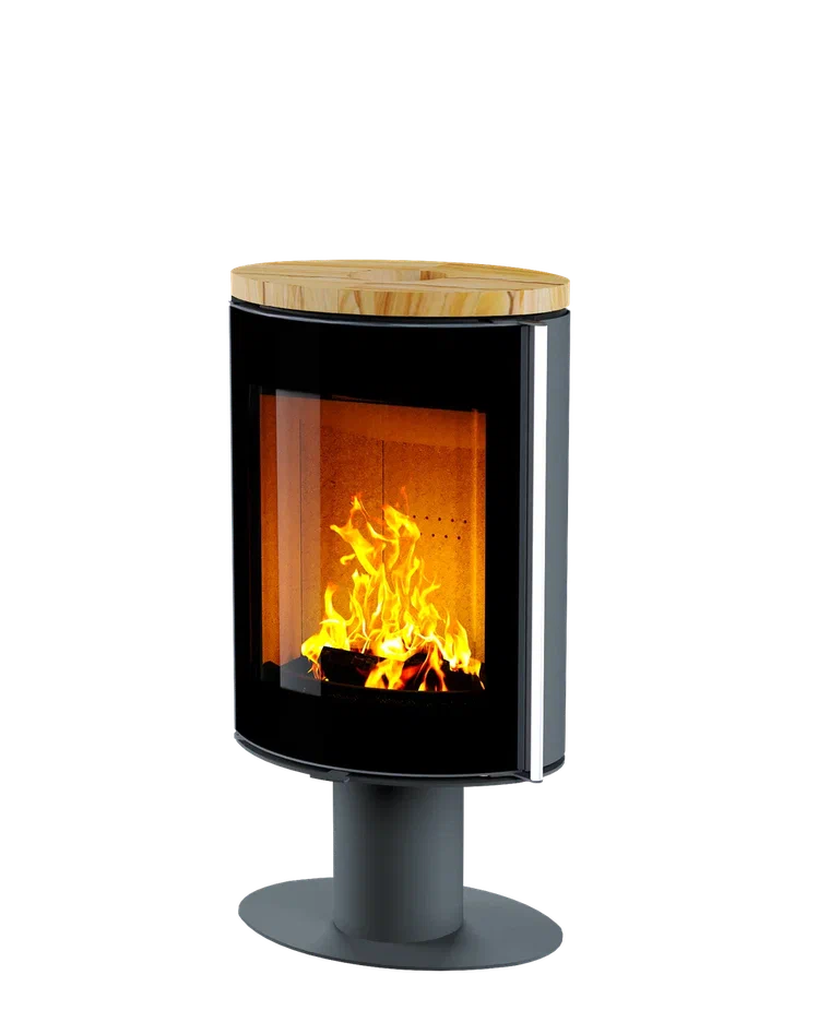 Печь-камин Astov OVAL боковая отделка сталь, крышка камень песчаник, ножка сталь, дверка стекло