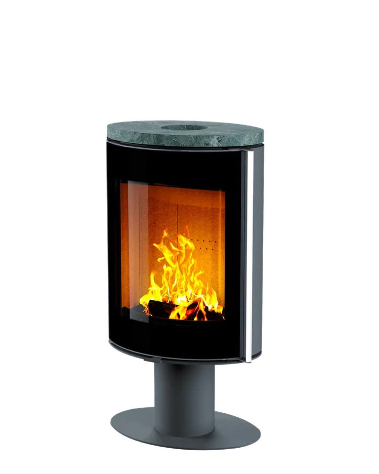 Печь-камин Astov OVAL боковая отделка сталь, крышка камень талькомагнезит, ножка сталь, дверка стекло