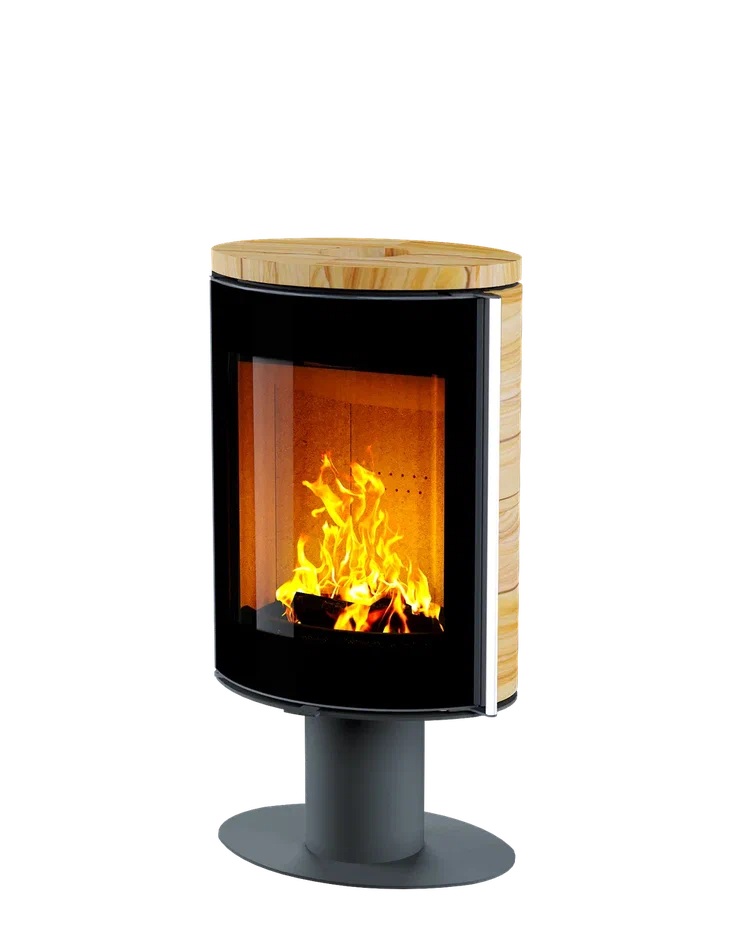 Печь-камин Astov OVAL боковая камень песчаник, крышка камень песчаник, ножка камень сталь, дверка стекло