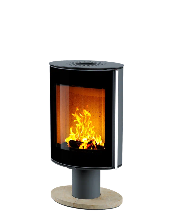 Печь-камин Astov OVAL боковая отделка сталь, крышка сталь, ножка камень крема беж, дверка стекло