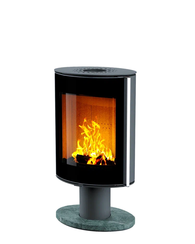 Печь-камин Astov OVAL боковая отделка сталь, крышка сталь, ножка камень талькомагнезит, дверка стекло