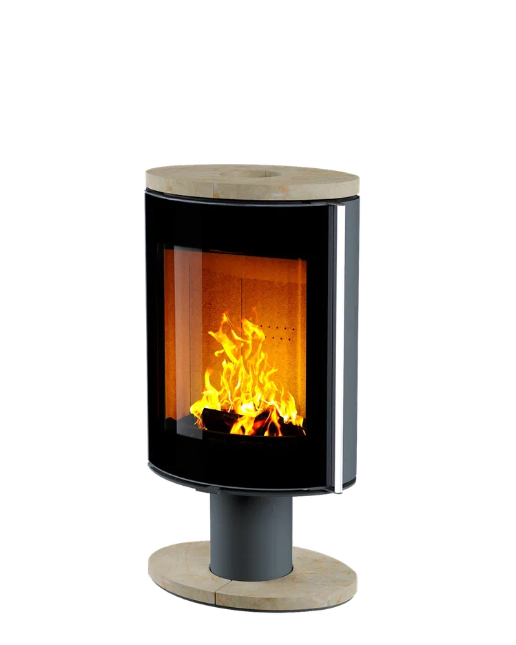 Печь-камин Astov OVAL боковая сталь, крышка камень крема беж, ножка камень крема беж, дверка стекло