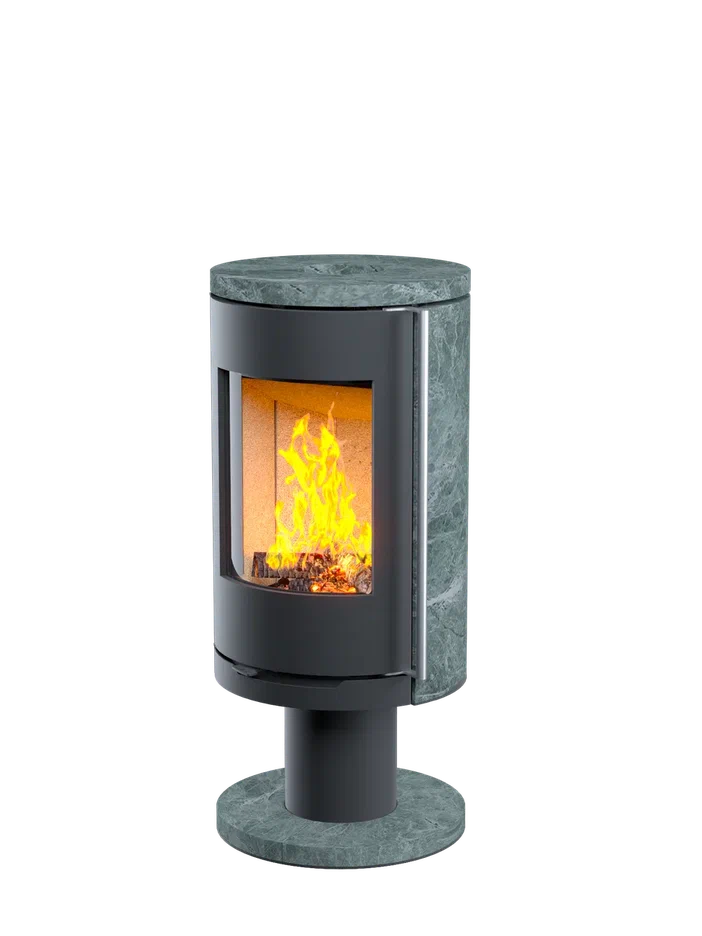 Печь-Камин Astov R1.0 NК на ноге в камне пироксенит задняя часть круглая на ноге камень пироксенит дверка сталь