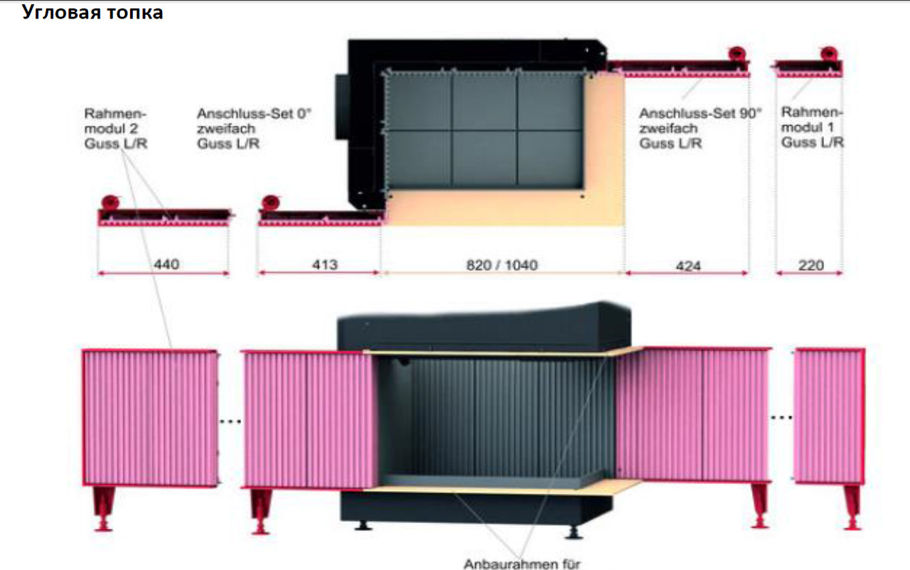 Каминная топка Brunner Urfeuer - открытая угловая топка 50/66/44L/R Монтажная рама, черная, 60мм и удлинение справа R2,0°/ слева L2,0°