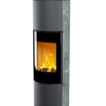 Печь-Камин Astov R1.0 XL К высотой 1500мм на дровнике в камне талькомагнезит круглая дверка стекло