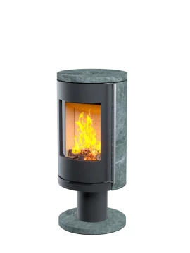 Печь-Камин Astov R1.0 NК на ноге в камне пироксенит задняя часть круглая на ноге камень пироксенит дверка сталь