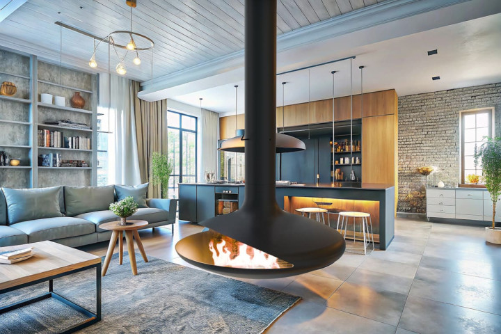 Камин дровяной центральный подвесной AVES 5 Модель ТУРИН 1200 Фиксированный