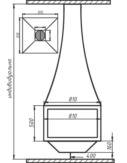 Камин дровяной центральный подвесной AVES 6 Модель ПРАТО