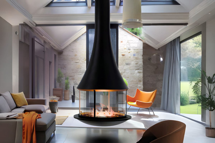 Камин дровяной подвесной-центральный AVES 21 Модель КАТАНИЯ открытая