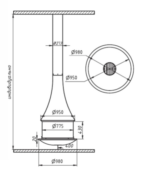 Камин дровяной подвесной-центральный AVES 21 Модель КАТАНИЯ открытая