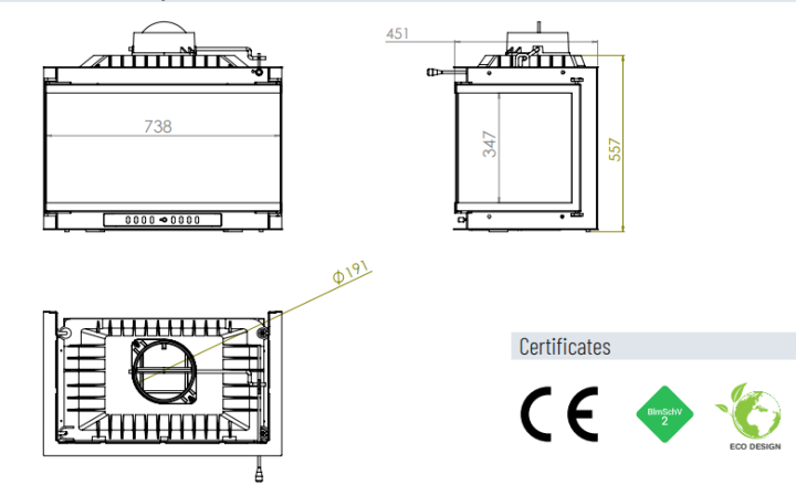 Топка ECT Font/700/LR 14 кВт, 738/X/451, трехстороннее стекло