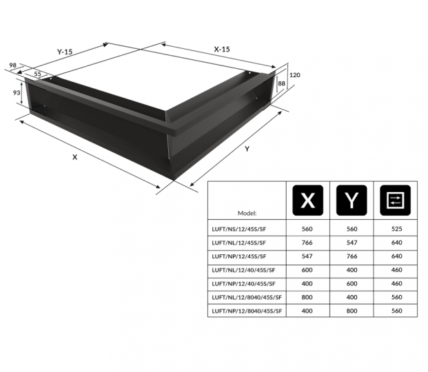 Решётка Kratki Luft 400х800х120 45S угловая левая черная