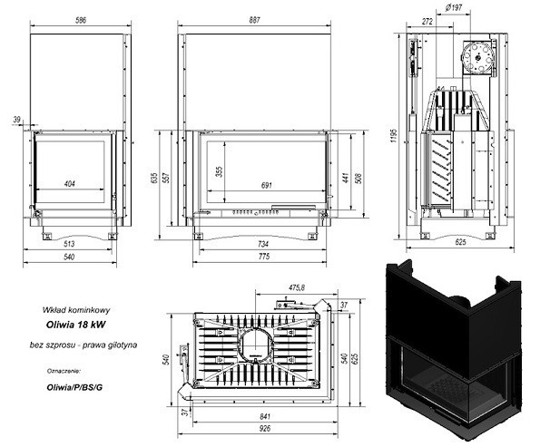 Топка OLIWIA/P/BS/G, Г-образное стекло справа, гильотина