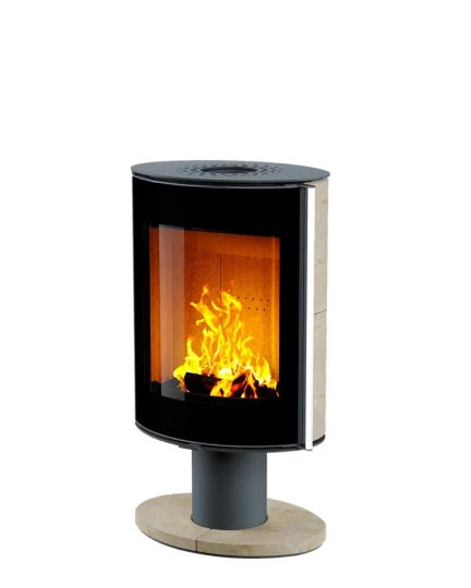 Печь-камин Astov OVAL боковая камень крема беж, крышка сталь, ножка камень крема беж, дверка стекло