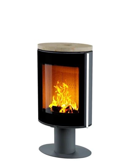 Печь-камин Astov OVAL боковая отделка сталь, крышка камень крема беж, ножка сталь, дверка стекло